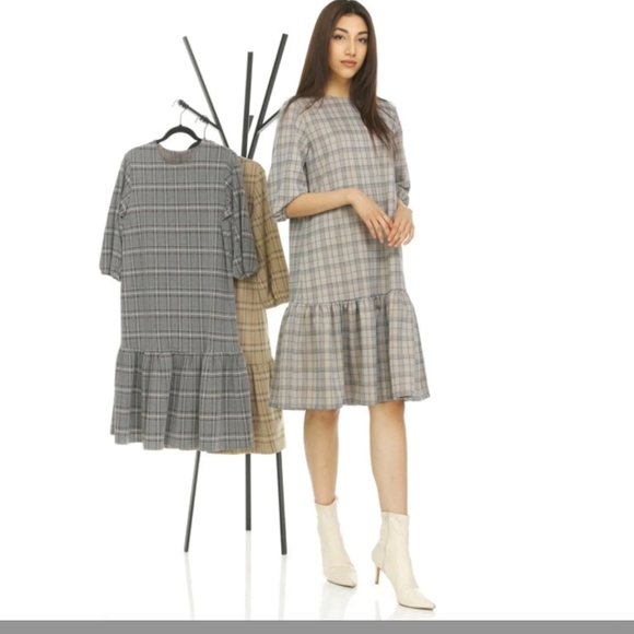 Renee Plaid Dress Grey/Mustard size small - Picture 3 of 4